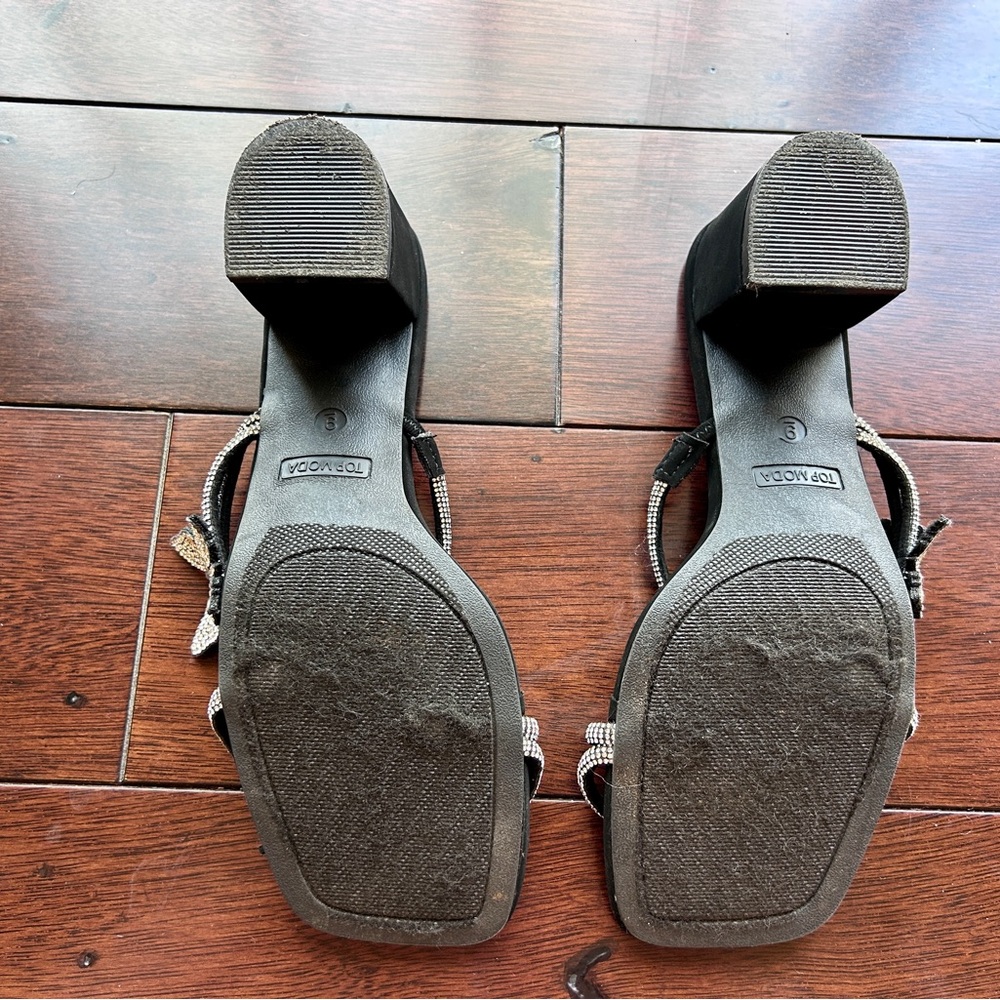 TOP Moda Black Heeled Slide Sandals with Crystal Butterfly Accents - Picture 2 of 5